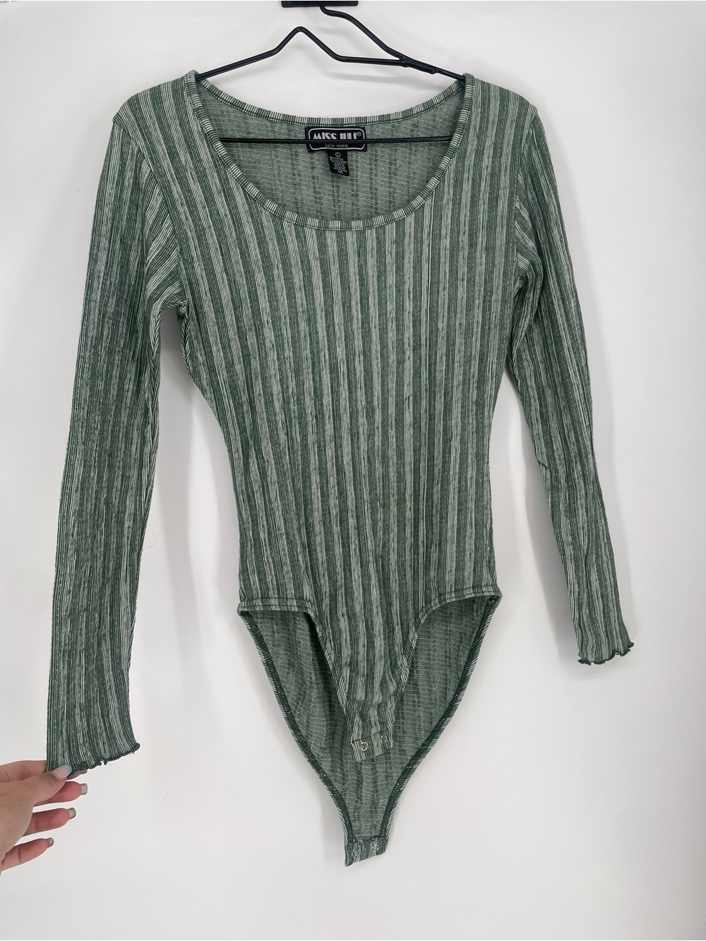 VTG 80s/90s Long Sleeve Cotton Blend Stretch Bodysuit Green & White Stripes